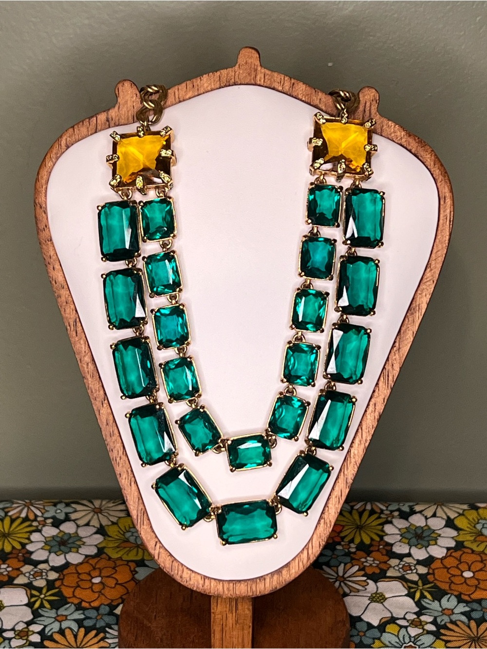 Kate Spade New York Double Drop Teal Aqua Citrine Amber Jewel Blocks Necklace